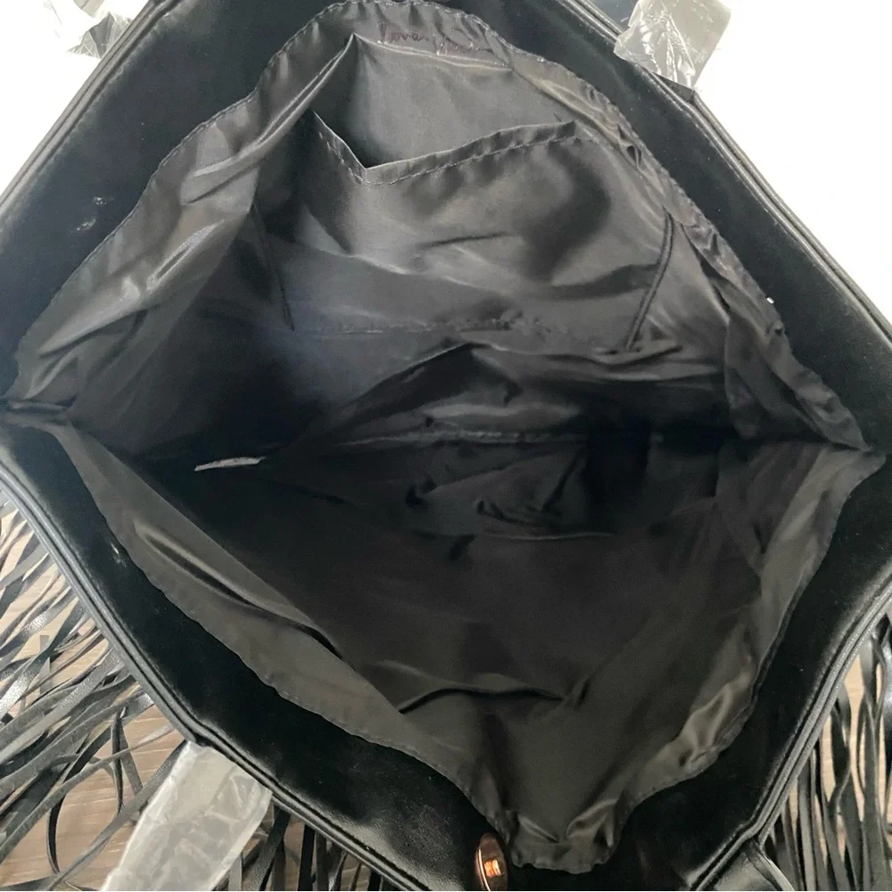 Victoria's Secret Black Fringe Tote Bag Purse Rose Gold Logo‎ 15x17